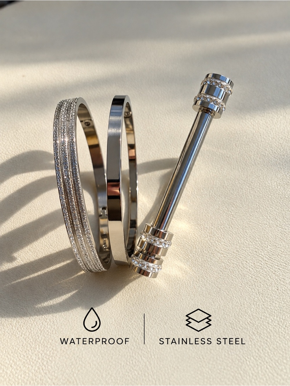 Stainless Steel Women's Silver Bangle Set with Crystal Accent